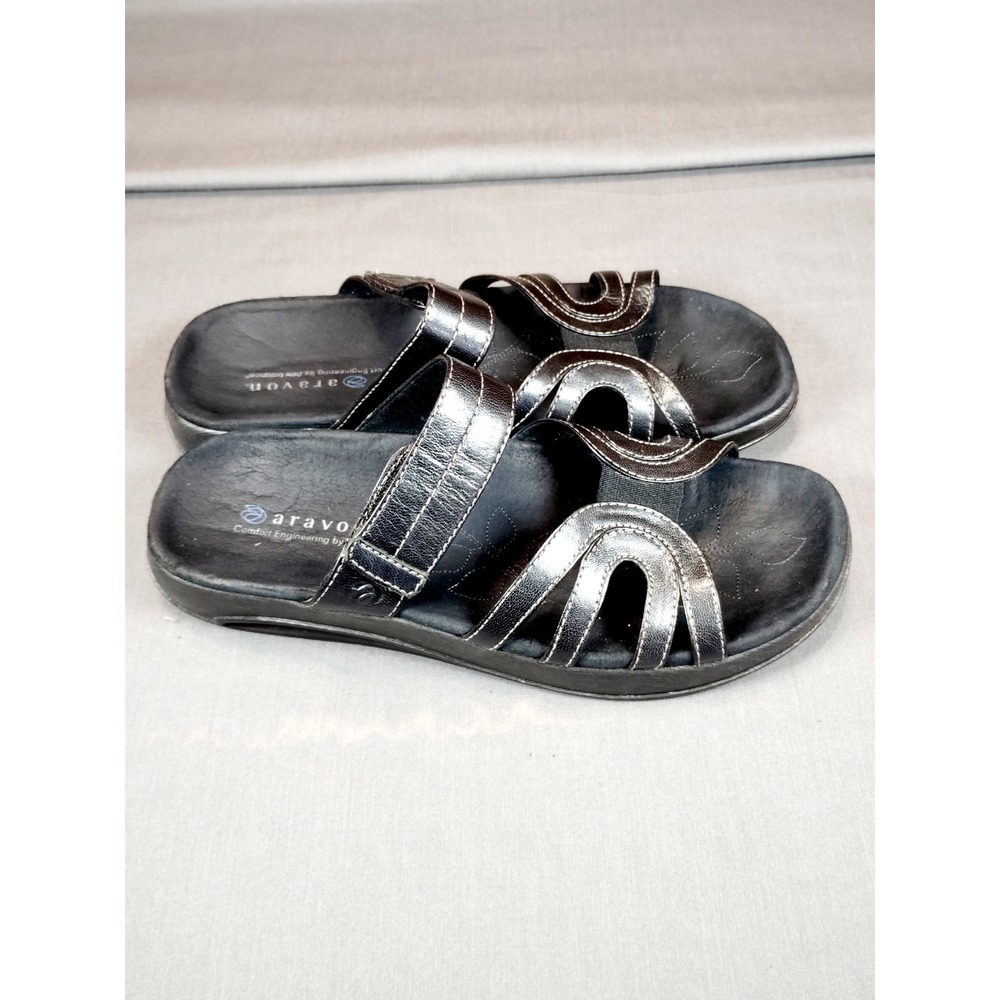 Aravon Remy Women 8AA Black Leather Adjustable Sandals Comfort New Balance Shoes
